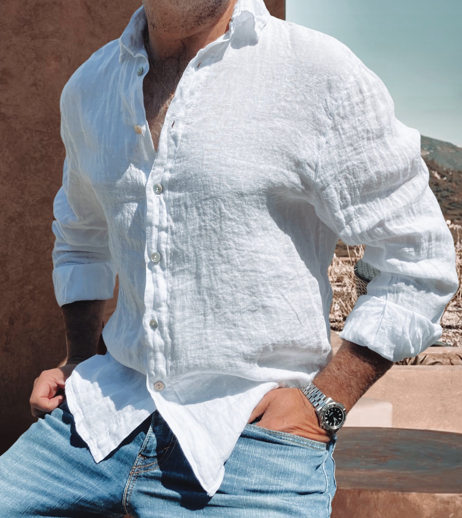 Camisa blanca lino shops hombre